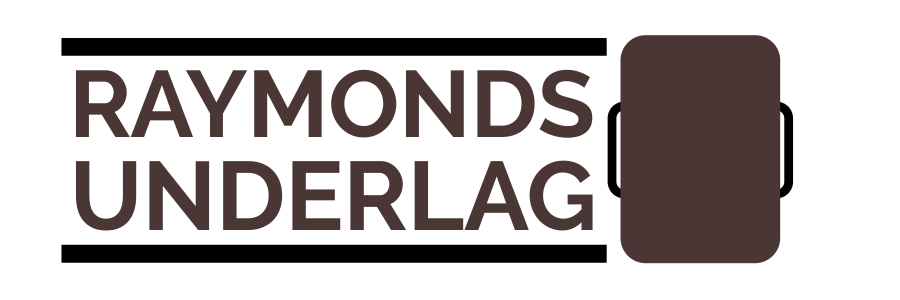 Logo med teksten «RAYMONDS UNDERLAG» i fet skrift, atskilt med to horisontale linjer, og en grafikk av et rektangulært objekt med håndtak på høyre og venstre side.